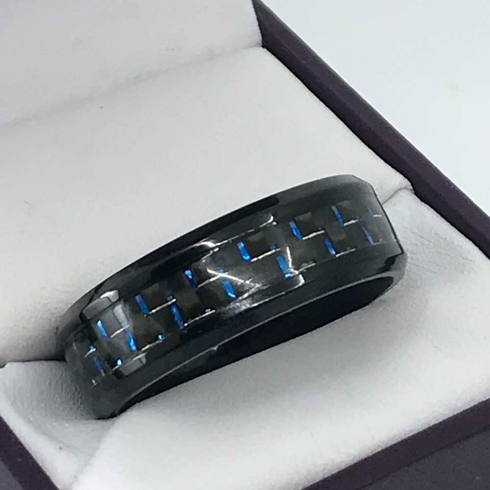 Mens Black Ceramic Carbon Fiber Stainless Steel Ring With Blue Accents Size 11.5